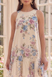 Apricot Floral A Line Boat Neck Mini Floral Dress