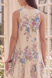Apricot Floral A Line Boat Neck Mini Floral Dress