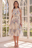 Halter Apricot A Line Ruffled Midi Floral Dress