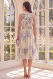 Halter Apricot A Line Ruffled Midi Floral Dress