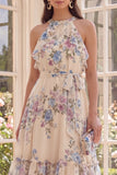 Halter Apricot A Line Ruffled Midi Floral Dress