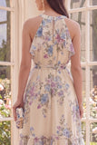 Halter Apricot A Line Ruffled Midi Floral Dress