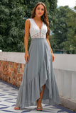 Grey A Line Lace V-Neck Long Bridesmaid Dress with Slit