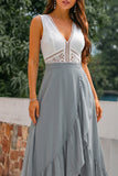 Grey A Line Lace V-Neck Long Bridesmaid Dress with Slit