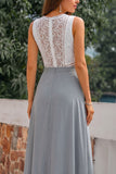 Grey A Line Lace V-Neck Long Bridesmaid Dress with Slit