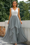 Grey Asymmetrical Chiffon A Line V-Neck Long Bridesmaid Dress
