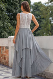 Grey Asymmetrical Chiffon A Line V-Neck Long Bridesmaid Dress