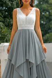 Grey Asymmetrical Chiffon A Line V-Neck Long Bridesmaid Dress