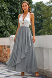 Halter A Line Grey Ruffled Cut Out Long Bridesmaid Dress with Lace