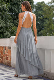 Halter A Line Grey Ruffled Cut Out Long Bridesmaid Dress with Lace