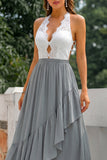 Halter A Line Grey Ruffled Cut Out Long Bridesmaid Dress with Lace