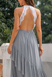 Halter A Line Grey Ruffled Cut Out Long Bridesmaid Dress with Lace