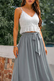 Grey A Line 2 Piece Spaghetti Straps Long Bridesmaid Dress with Ruffles