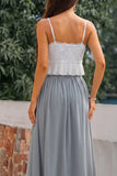 Grey A Line 2 Piece Spaghetti Straps Long Bridesmaid Dress with Ruffles