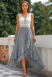 Grey Ruffled A Line V-Neck High-Low Bridesmaid Dress with Lace