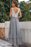 Grey Ruffled A Line V-Neck High-Low Bridesmaid Dress with Lace