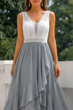 Grey Ruffled A Line V-Neck High-Low Bridesmaid Dress with Lace