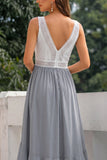 Grey Ruffled A Line V-Neck High-Low Bridesmaid Dress with Lace