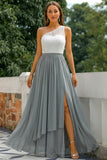 One Shoulder Grey A Line Long Chiffon Bridesmaid Dress with Slit