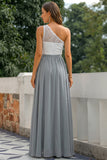 One Shoulder Grey A Line Long Chiffon Bridesmaid Dress with Slit