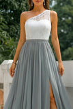 One Shoulder Grey A Line Long Chiffon Bridesmaid Dress with Slit