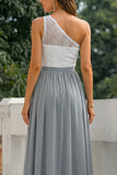 One Shoulder Grey A Line Long Chiffon Bridesmaid Dress with Slit