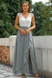 Grey Lace V-Neck A Line Long Bridesmaid Dress with Slit