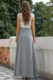 Grey Lace V-Neck A Line Long Bridesmaid Dress with Slit