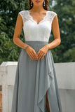 Grey Lace V-Neck A Line Long Bridesmaid Dress with Slit