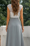 Grey Lace V-Neck A Line Long Bridesmaid Dress with Slit