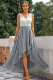 A Line Grey V-Neck High-Low Bridesmaid Dress with Lace