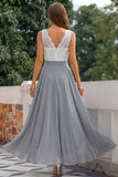 A Line Grey V-Neck High-Low Bridesmaid Dress with Lace