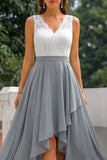 A Line Grey V-Neck High-Low Bridesmaid Dress with Lace