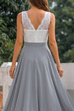 A Line Grey V-Neck High-Low Bridesmaid Dress with Lace