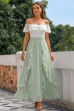 Green Off The Shoulder Ruffled A Line Long Bridesmaid Dress with Lace