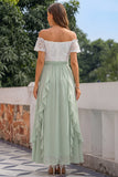 Green Off The Shoulder Ruffled A Line Long Bridesmaid Dress with Lace