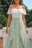 Green Off The Shoulder Ruffled A Line Long Bridesmaid Dress with Lace