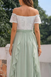 Green Off The Shoulder Ruffled A Line Long Bridesmaid Dress with Lace