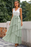 Green Chiffon A Line V-Neck Long Bridesmaid Dress with Ruffles