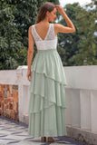 Green Chiffon A Line V-Neck Long Bridesmaid Dress with Ruffles