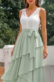 Green Chiffon A Line V-Neck Long Bridesmaid Dress with Ruffles