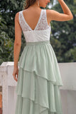 Green Chiffon A Line V-Neck Long Bridesmaid Dress with Ruffles