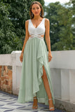 Green Cut Out A Line V-Neck Long Bridesmaid Dress with Ruffle Slit