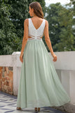 Green Cut Out A Line V-Neck Long Bridesmaid Dress with Ruffle Slit