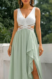Green Cut Out A Line V-Neck Long Bridesmaid Dress with Ruffle Slit