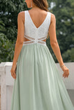 Green Cut Out A Line V-Neck Long Bridesmaid Dress with Ruffle Slit