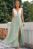 Green A Line Ruffled V-Neck Chiffon Long Bridesmaid Dress with Slit