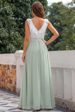 Green A Line Ruffled V-Neck Chiffon Long Bridesmaid Dress with Slit