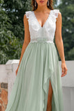 Green A Line Ruffled V-Neck Chiffon Long Bridesmaid Dress with Slit