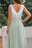 Green A Line Ruffled V-Neck Chiffon Long Bridesmaid Dress with Slit